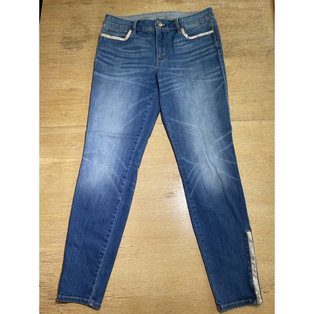 WHBM Skinny Ankle Jeans-Faux Leather Trim Mid Rise 8L Zipper Ankle
